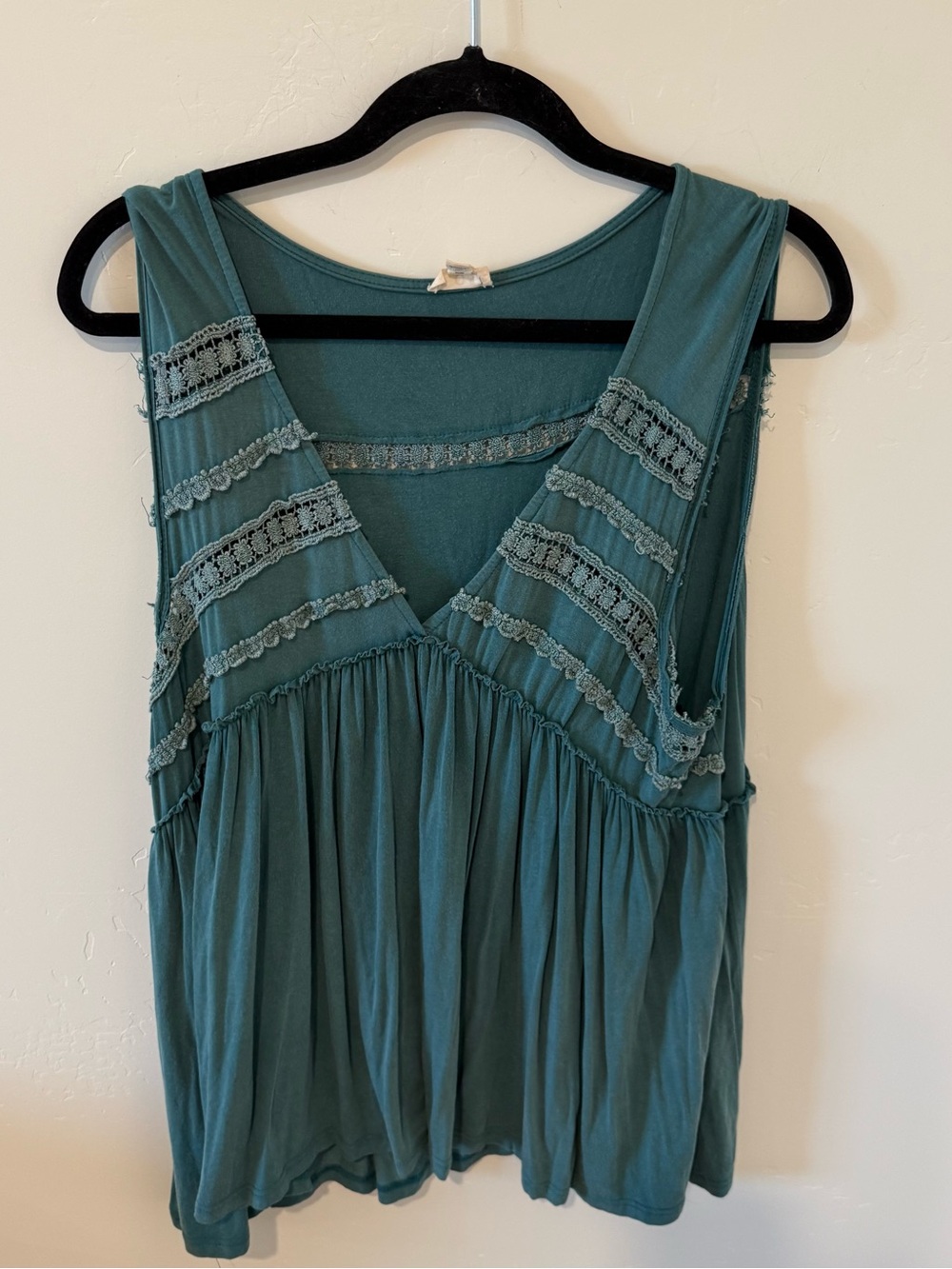 Pol Sleeveless Teal Lace-Trim V-Neck Flowy Tank Top Womens Large Boho Casual